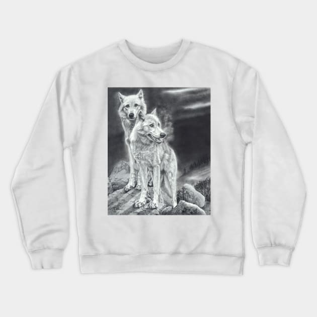 Moon Shadows - wolf cubs -pencil drawing Crewneck Sweatshirt by Mightyfineart